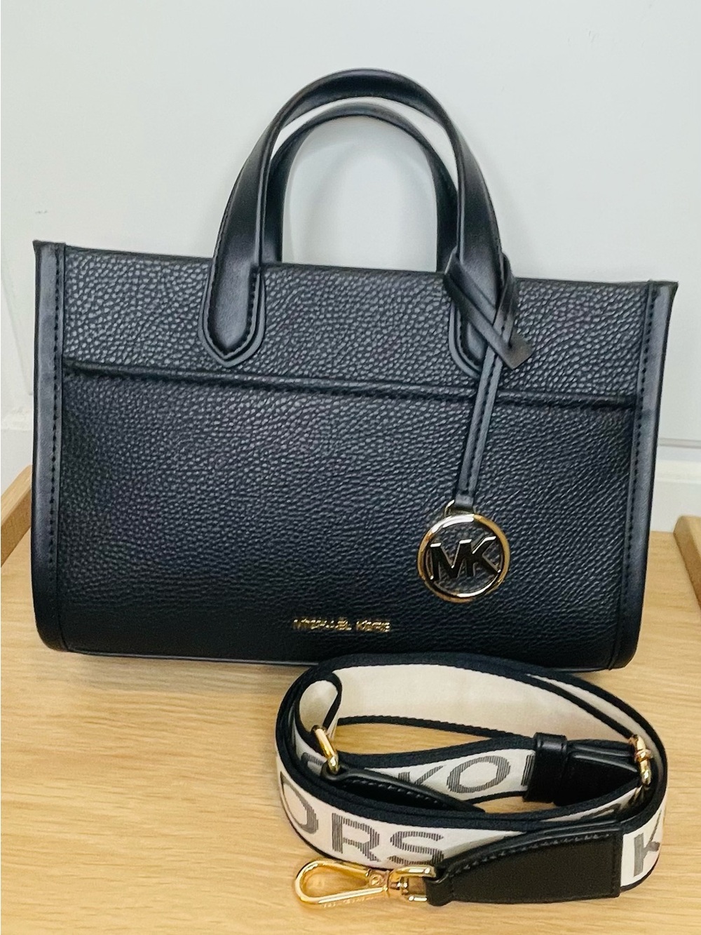 NWT Michael Kors Black Pebbled Leather Satchel with Logo Charm and Strap